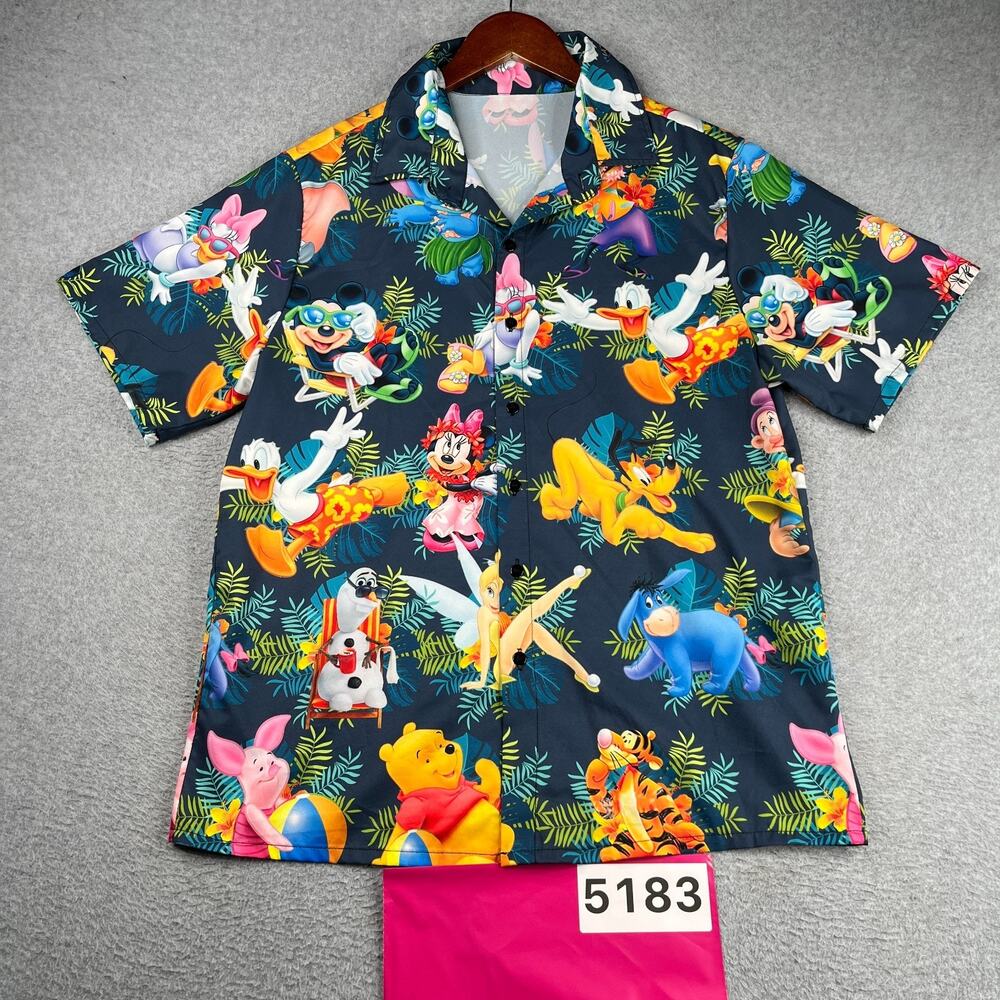 Disney Characters Tropical Print Shirt Short Sleeve Button Up Lightweight M